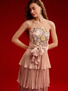 MOTF PREMIUM VESTIDO TUBO DRAPEADO CON FLORES DE LENTEJUELAS DE CONTRASTE, ATUENDO PARA EL DÍA DE SAN VALENTÍN