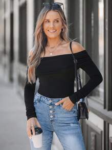 SHEIN LUNE 1 件女式修身露肩长袖 T 恤，黑色 - 黑色 - 查看 4