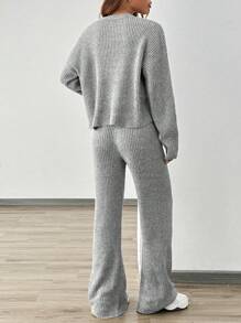 Chiquease Ribbed V-Neck Casual Solid Color Knitted Business Commute Fitted Two Pieces Set - Dark Grey - View 2