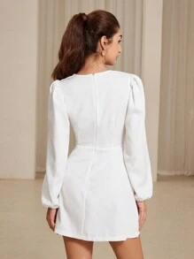 Aveloria Rosie Glamorous Sequin Bowknot Hollow Round Neck Puff Sleeve Short Bodycon Dress Fall Cloth For Women - White - View 2