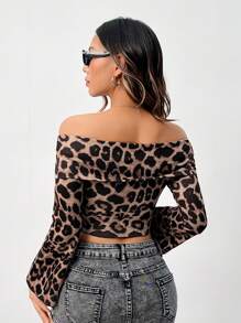 SHEIN PETITE 女士豹纹网眼露肩喇叭袖短款上衣 - 棕色 - 查看 2