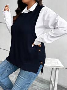 SHEIN VCAY 大码宽松纽扣下摆开衩套头毛衣背心，商务休闲女装，假日穿搭，秋冬季乡村风上衣