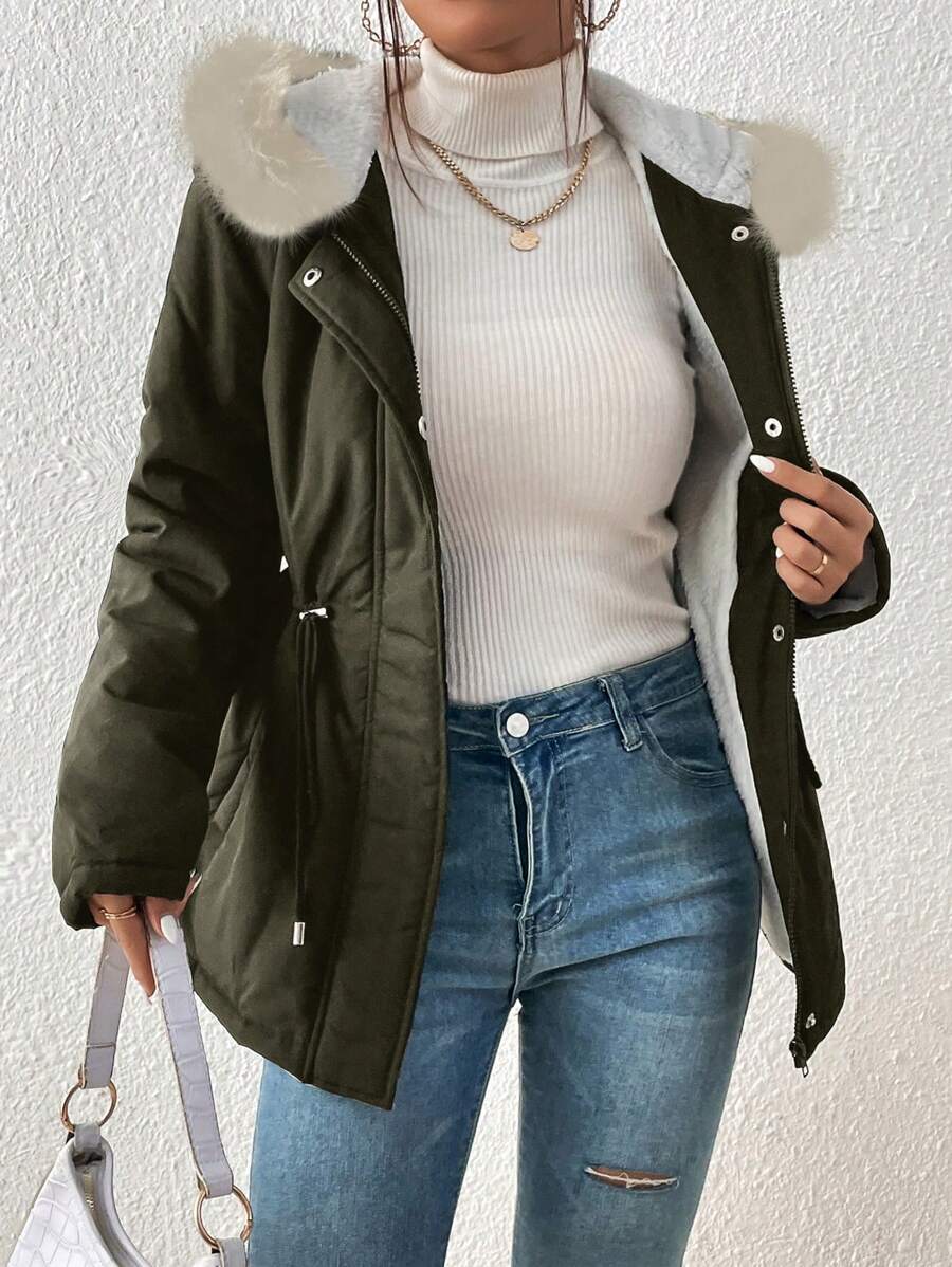SHEIN Essnce Women Front Zip Long Sleeve Faux Fur Patchwork Minimalist Casual Hooded Winter Jacket - Army Green - View 1