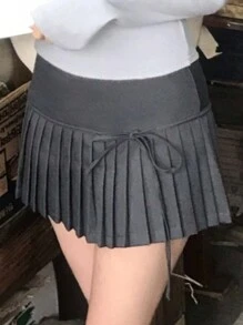 DAZY 女式拼色系带百褶迷你裙，纯色，深灰色，适合所有季节秋季 - 深灰色 - 查看 6