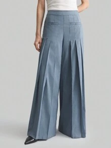 Ontre Modern Casual Style Pleated Blue High Waist Long Pants For Women, Spring/Summer - Blue - View 3