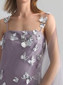 Ontre Women's Luxury Elegant Party Glitter 3D Butterfly Mesh Slip Dress, Pastel Purple - Light Grey - View 5