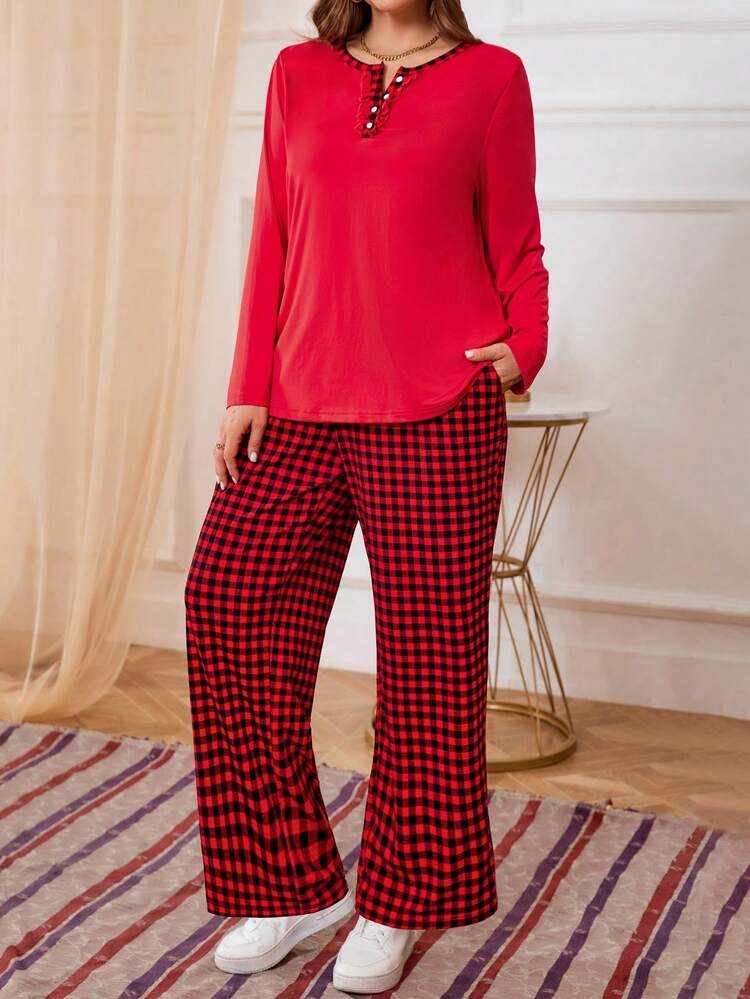 2pcs/Set Plus Size Solid Color Spliced Front Button Long Sleeve Simple Top And Long Pants Set,New Years Women Outfit,Valentine's Day,Spring
