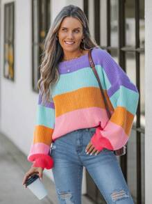 SHEIN LUNE 女士彩虹条纹蓬松圆领落肩长袖休闲毛衣 - 彩色 - 查看 4
