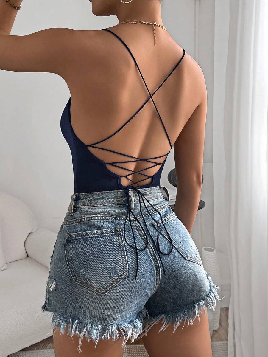 SHEIN Essnce 女士纯色露背吊带连身衣 - 藏蓝色 - 查看 1