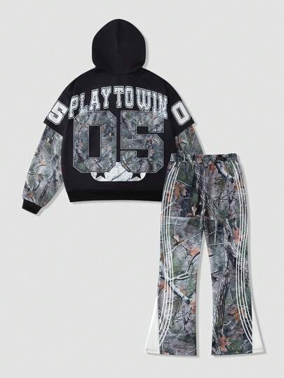 Street Life 2pcs Men's Autumn Letter Print Hooded Sweatshirt & Sweatpants Casual Suit
