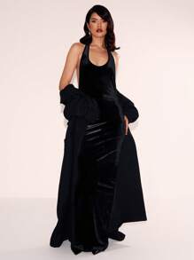 MUSERA 丝绒露背吊带长裙套装，优雅春夏度假外出装扮 - 黑色 - 查看 4