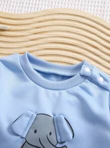 SHEIN Playful Pals 新生兒淺藍色秋季可愛家庭套裝卡通大象印花3D耳朵圓領長袖連帽衫 & 長褲套裝百搭休閒穿搭 - 藍色 - 查看 3