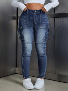 SHEIN ICON Plus Size Front Button Pocket Simple Denim Jeans, Casual Daily Wear