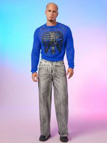 FeverCity Men's Skeleton Print See-Through Crew Neck Sweater, For Fall Winter - Multicolor - View 3