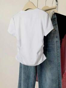 少女圆领短袖蝴蝶结印花休闲 T 恤 - 白色 - 查看 2