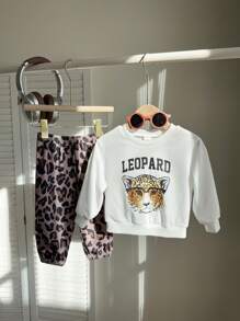 SHEIN 男婴/女婴可爱卡通印花卫衣和豹纹长裤套装，秋冬 - 彩色 - 查看 4