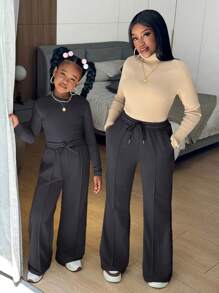 Slaydiva 青少年女孩休闲针织圆领长袖上衣和直筒裤两件套