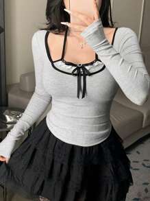 DAZY 女士纯色拼接简约休闲二合一针织长袖 T 恤