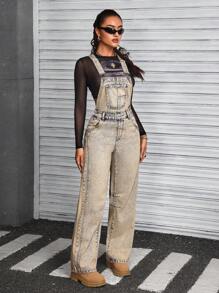 SHEIN ICON Women's Wide Strap Button Pocket Simple Casual Denim Bib Pants