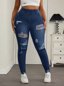 SHEIN SXY Plus Ripped Raw Hem Skinny Jeans - Medium Wash - View 4