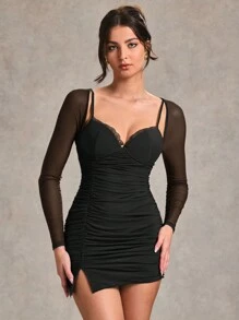 SHEIN BAE Solid Color Chocolate/Brown/Coffee Elegant Wrap With Ruched Lace Trim Long Sleeve Mini Dress, Suitable For Graduation Party, Formal Occasions, Cocktail Party, Romantic Date, Autumn/Winter Slip Dress, Party, Clubbing, Formal Gathering, Bridesmaid Dress, Night Out, Halloween, Christmas