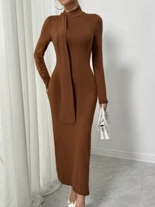 SHEIN Clasi 女士优雅纯色不对称领长袖紧身连衣裙，春秋装