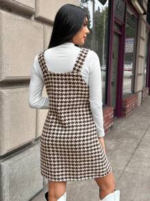SHEIN LUNE 女士秋冬千鸟格吊带无袖短连衣裙，复古风，套头连衣裙 - 棕色 - 查看 2