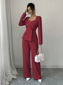 Elenzga Apricot Elegant Long Sleeve Square Collar Waisted Short Jacket + High Waist Long Pants Set, Early Autumn