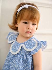 SHEIN 女婴夏季新款蓝色碎花公主裙，荷叶边袖，宽松荷叶边下摆和蕾丝边，甜美时尚 - 藍色 - 查看 3