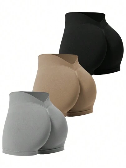 Easithlete Solid Color Seamless V-Waist Sports ShortsWomen Sweat Short, Gym Short, Biker Short Three Pair