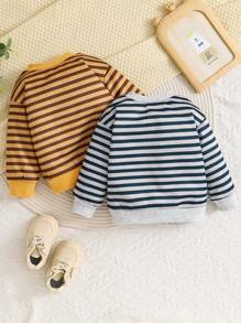 2pcs Baby Boys Casual Stripe Print Plush Thick Pullover Tops, Half Open Button, Front Pocket, Ribbed Hem, Suitable For Autumn/Winter - Multicolor - View 2