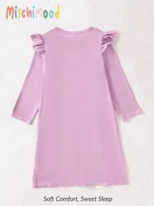 SHEIN Young Girl' Cute Rabbit Graphic Ruffled Sleeve Nightgown, Sleepwear - Pink - View 2