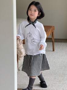 DAZY 2 件装年轻女孩卡通印花圆领长袖 T 恤和格子迷你裙休闲套装秋季 - 白色 - 查看 3