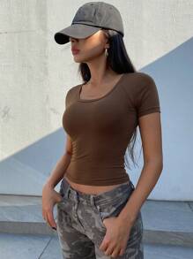 DAZY 女士纯色棕色圆领短袖镂空休闲上衣，日常穿着，露背上衣 - 棕色 - 查看 7