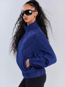 Athîral Women's Casual Solid Color Stand Collar Jacket - Blue - View 4