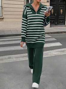 EURMUSE Striped Zipper Pullover Pant Knit Set - Army Green - View 1