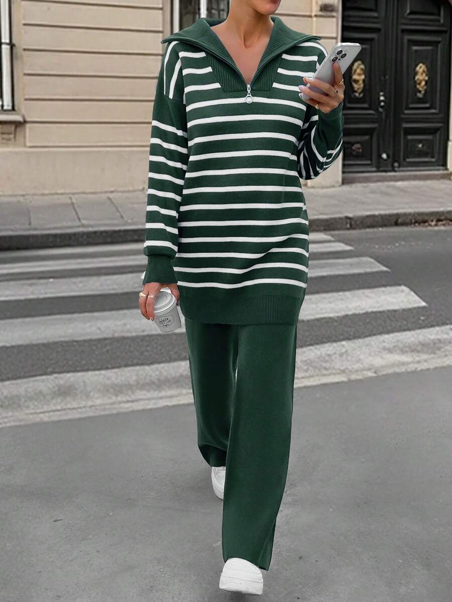 EURMUSE Striped Zipper Pullover Pant Knit Set - Army Green - View 1