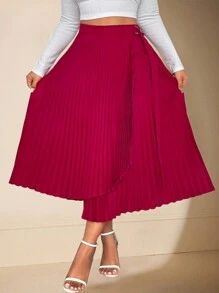 SHEIN Unity Falda larga plisada de talle alto de línea A de unicolor elegante para mujer de talla grande, de moda y versátil, para otoño/invierno - Verde - Ver 5