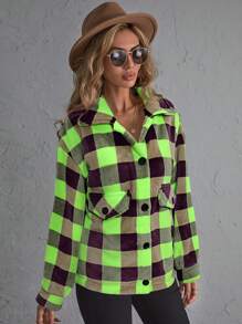 SHEIN LUNE Chaqueta casual de mujer con cierre de botones delantero, manga larga, bolsillo y estampado a cuadros, para uso diario