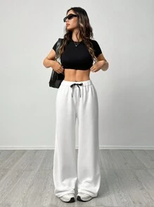 SHEIN PETITE Quần dài và quần nỉ thể thao nữ cạp chun màu trắng mới có dây đai màu đen - trắng - Xem 3