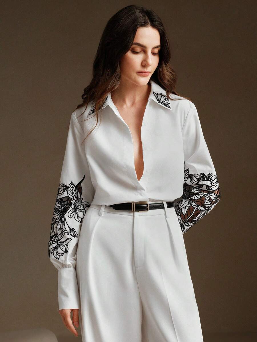 Anewsta 女士百搭衬衫，重磅刺绣镂空设计，优雅适合春秋季节工作和通勤 - 白色 - 查看 1