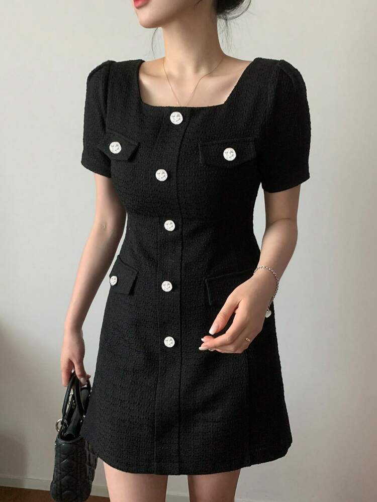 Women's Black Contrast Color Tie-Back Single-Breasted Short Sleeve Elegant Dress, For Work