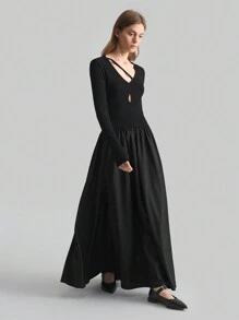 Ontre 女士黑色纯色不对称领口长袖镂空优雅连衣裙，春季 - 黑色 - 查看 4