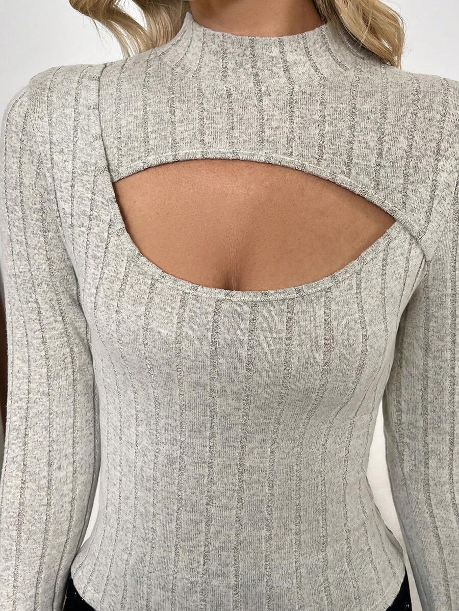 Chiquease Women's Solid Color Stand Collar Long Sleeve Hollow Out Slim Fit Ribbed T-Shirt, For Autumn - Grey - View 1