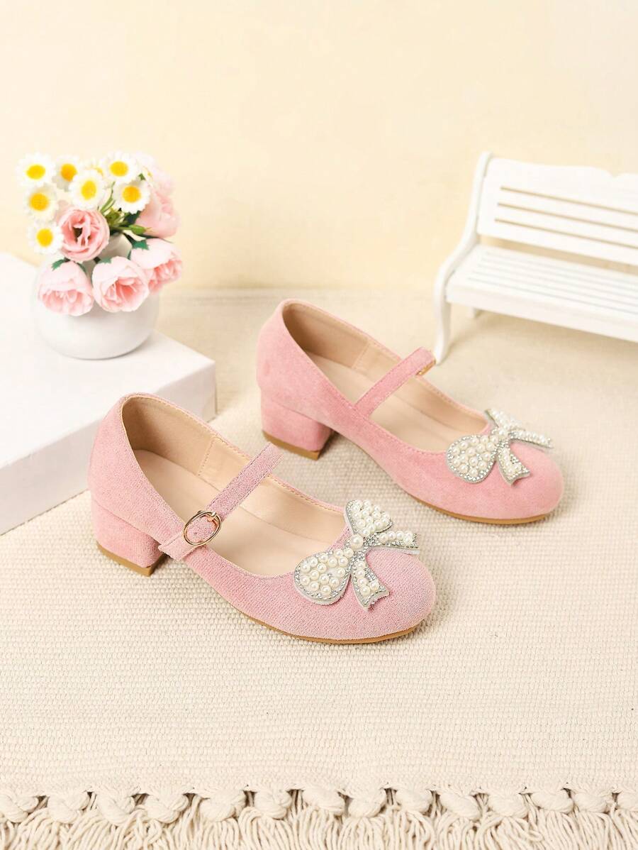 1 Pair Children Simple Casual High Heel Shoes With Bow Decor - Pink - View 1