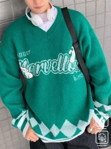 Claim Dot Men V-Neck Letter Print Casual Pullover Sweater - Multicolor - View 5