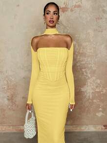 SHEIN BAE Elegant Women Dress, Tube, Long Sleeve, Fishbone Pattern, White, Autumn - Yellow - View 5