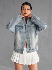 SHEIN EZwear Women's Casual Washed Distressed Denim Jacket - Medium Wash - View 5