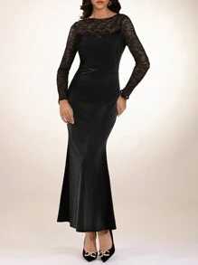 Modelyn Vestido largo elegante de mujer de unicolor con parches de encaje y cola de pez para otoño, vestidos de noche largos