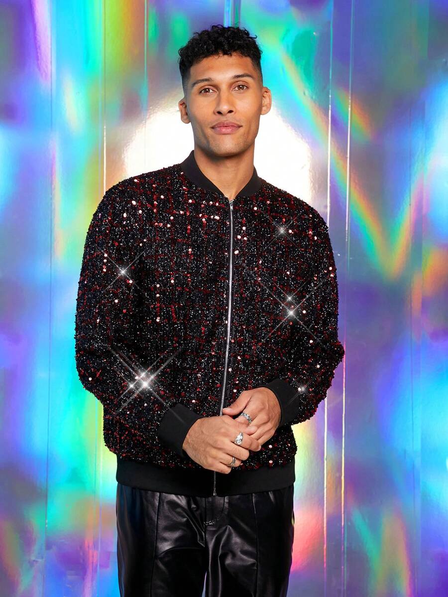 Manfinity VCAY Men Fashion Zip Up Sequin Bomber Jacket - Red - View 1